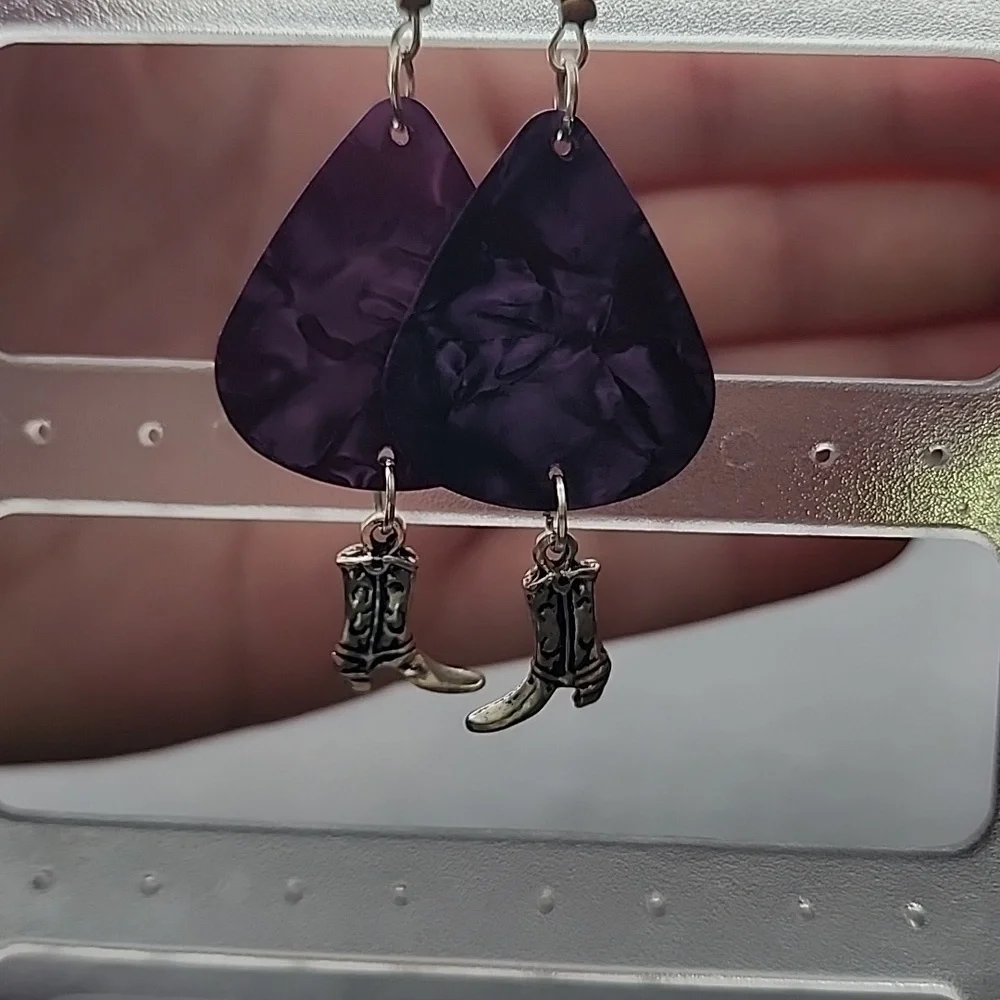 Handmade Purple Teardrop Earrings with Boot Charm - Picture 2 of 5